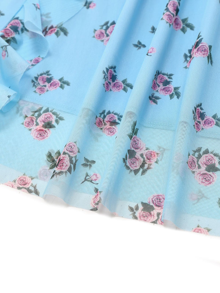Blue 1930s V-Neck Rose Mesh Ruffled Dress