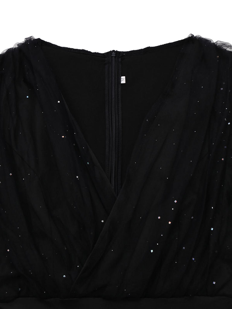 Black 1930s Solid V-Neck Sequined Irregular Hem Dress