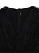 Black 1930s Solid V-Neck Sequined Irregular Hem Dress