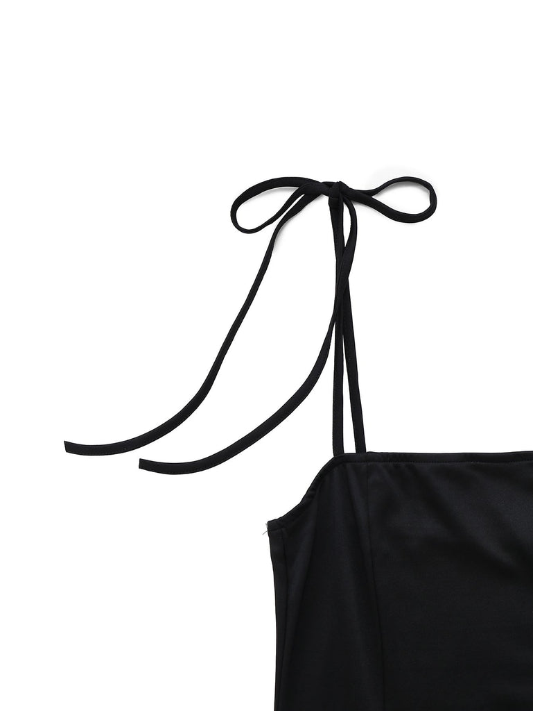 Black 1960s Square Neck Red Bow Tie Dress