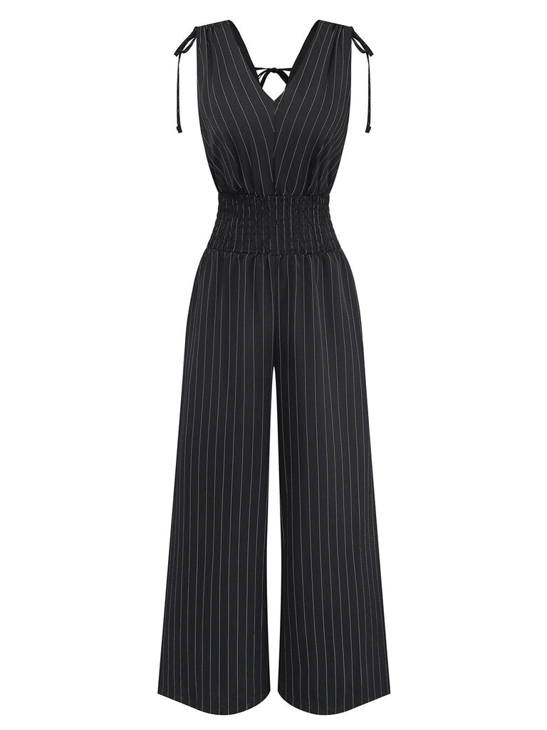 Black 1950s Striped Tie Shoulder Smocked Waist Jumpsuit