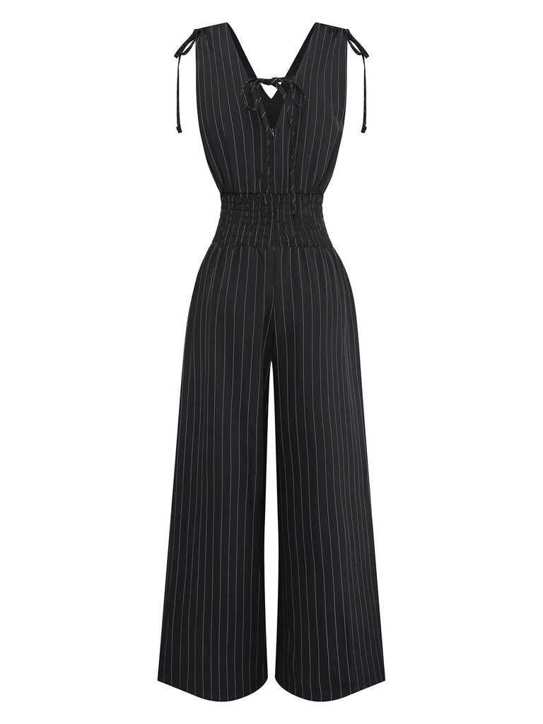 Black 1950s Striped Tie Shoulder Smocked Waist Jumpsuit