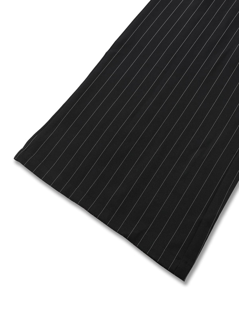 Black 1950s Striped Tie Shoulder Smocked Waist Jumpsuit