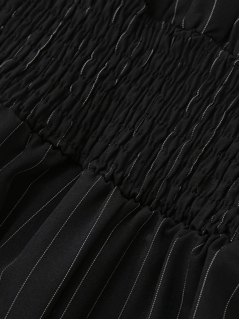 Black 1950s Striped Tie Shoulder Smocked Waist Jumpsuit