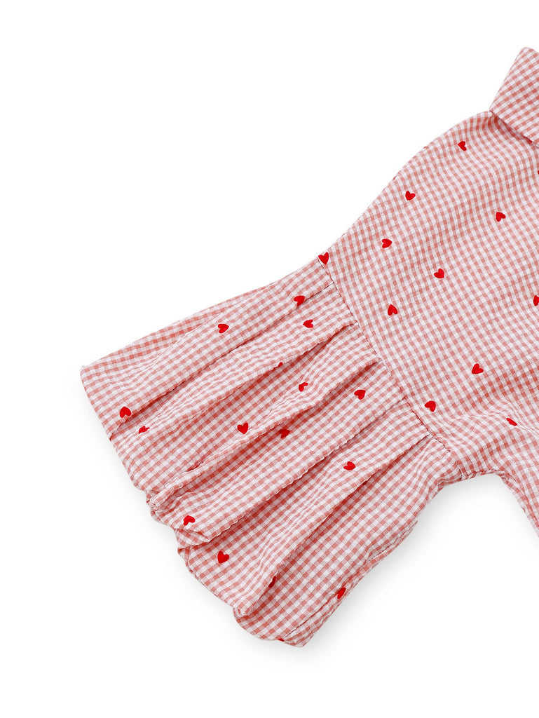 Pink 1940s Plaid Heart Lantern Sleeve Belted Dress