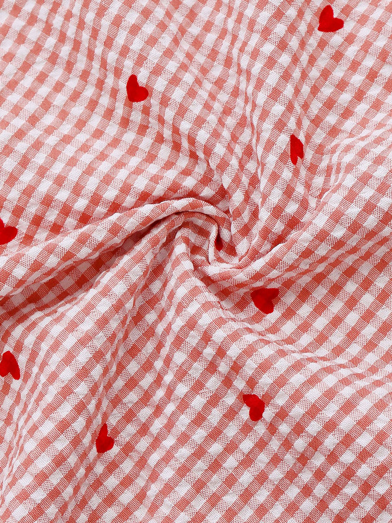 Pink 1940s Plaid Heart Lantern Sleeve Belted Dress