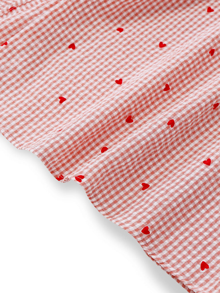 Pink 1940s Plaid Heart Lantern Sleeve Belted Dress