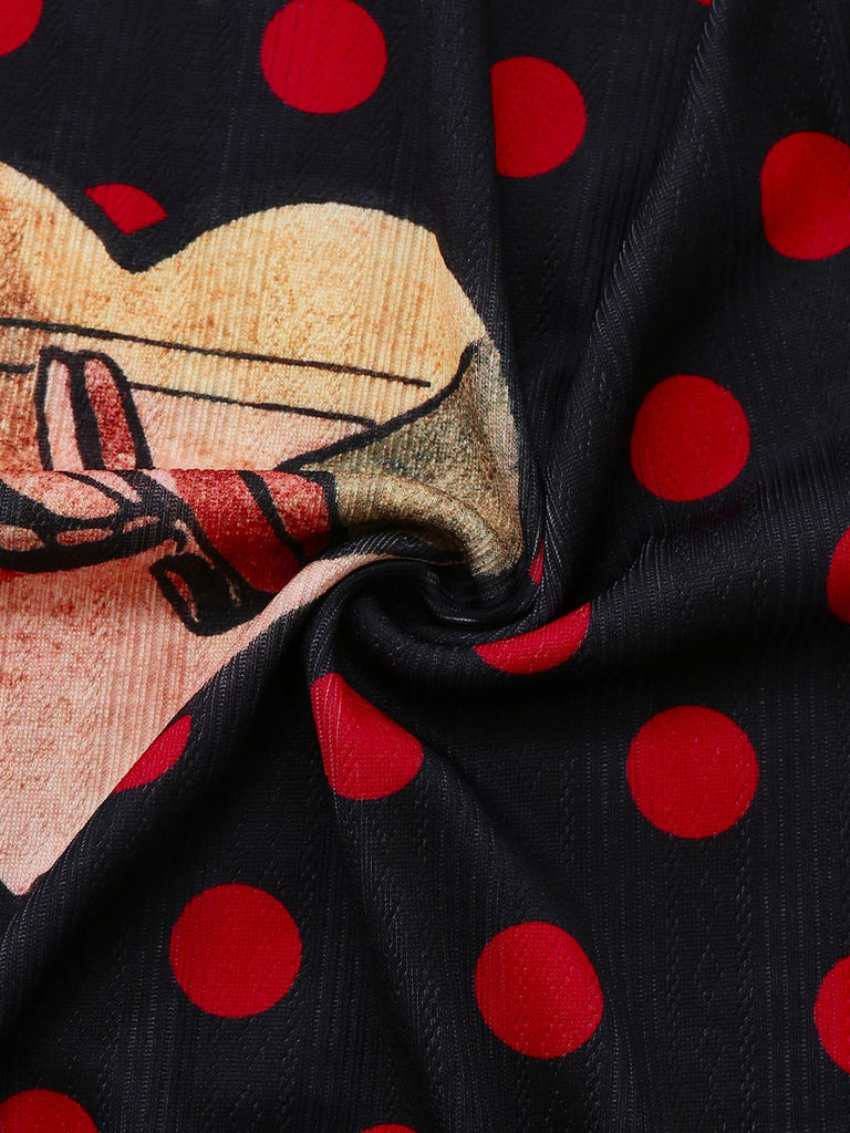 Black 1980s Polka Dot Heart Graphic Pencil Dress