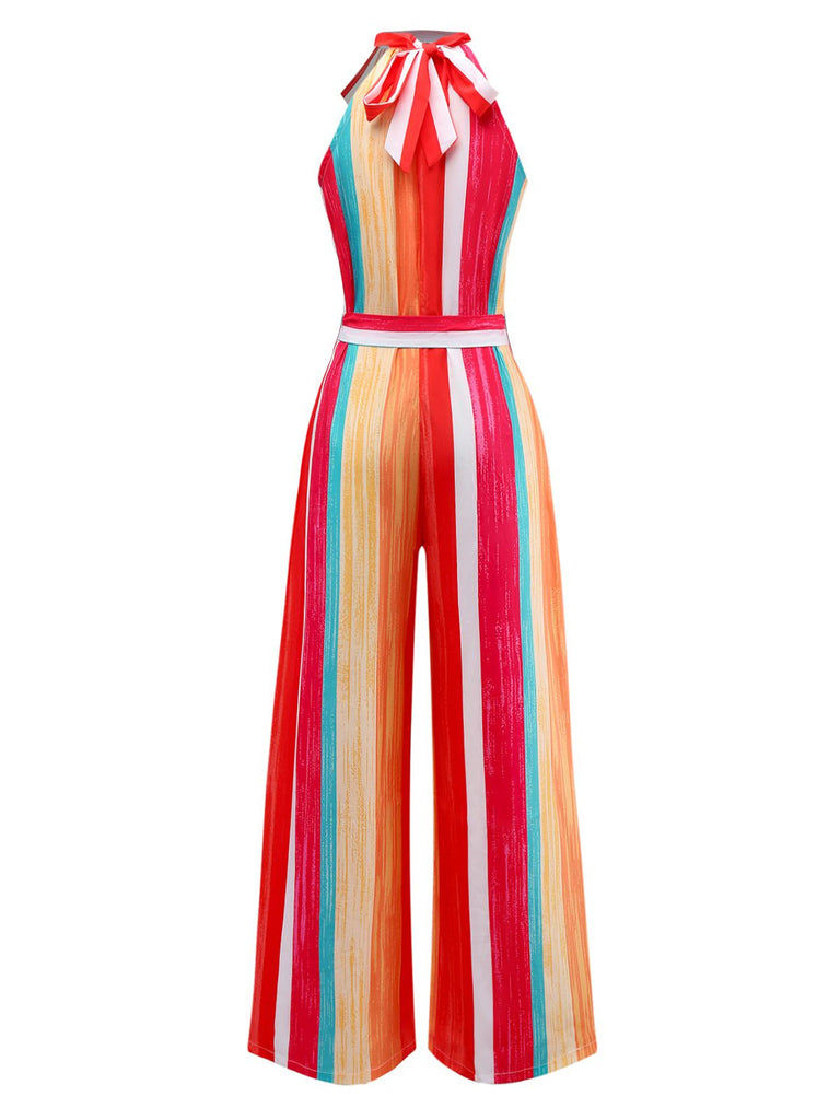 Multicolor 1960s Round Halter Belted Stripe Jumpsuit