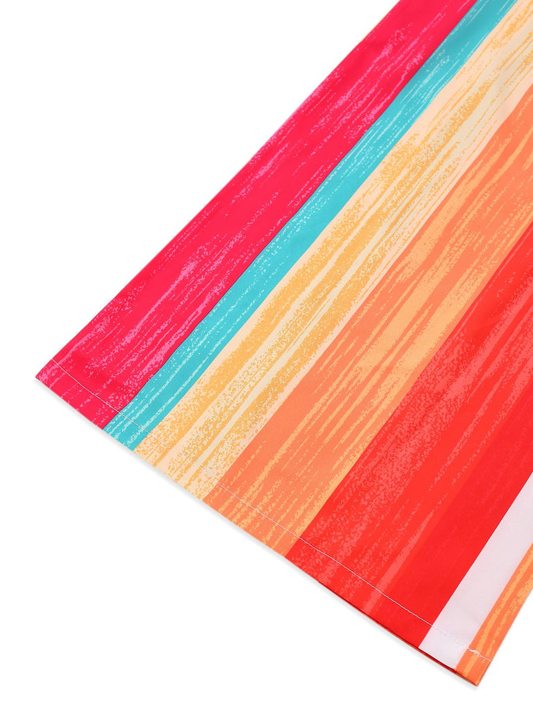 Multicolor 1960s Round Halter Belted Stripe Jumpsuit