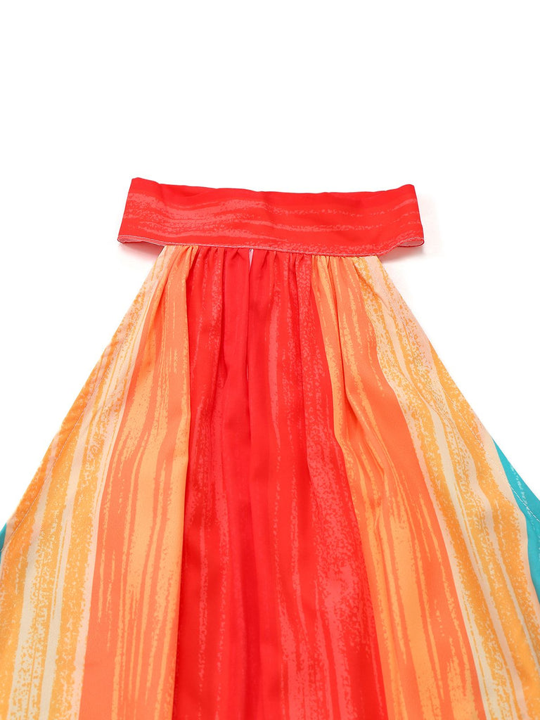 Multicolor 1960s Round Halter Belted Stripe Jumpsuit