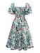 Green 1950s Floral Off-Shoulder Lantern Sleeve Bardot Dress