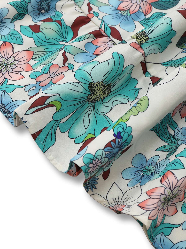 Green 1950s Floral Off-Shoulder Lantern Sleeve Bardot Dress