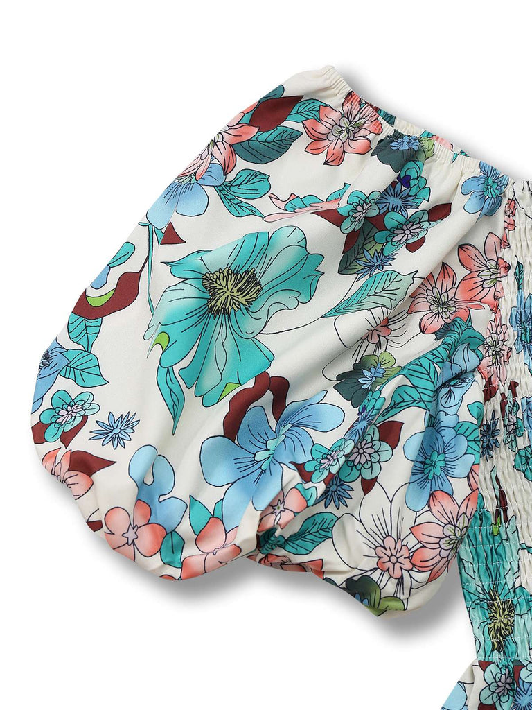 Green 1950s Floral Off-Shoulder Lantern Sleeve Bardot Dress