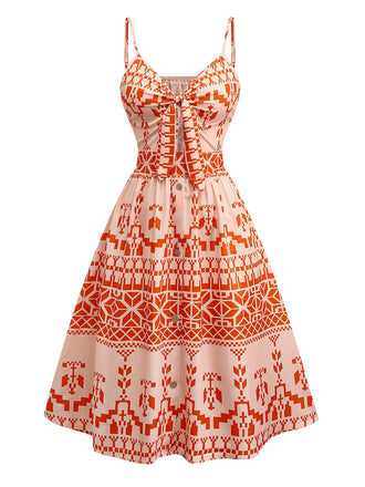 Orange 1940s Floral Print Lace-Up Cut-Out Dress