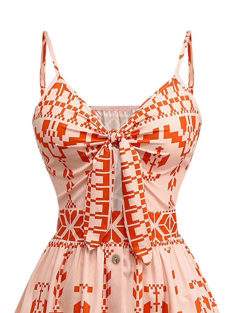 Orange 1940s Floral Print Lace-Up Cut-Out Dress