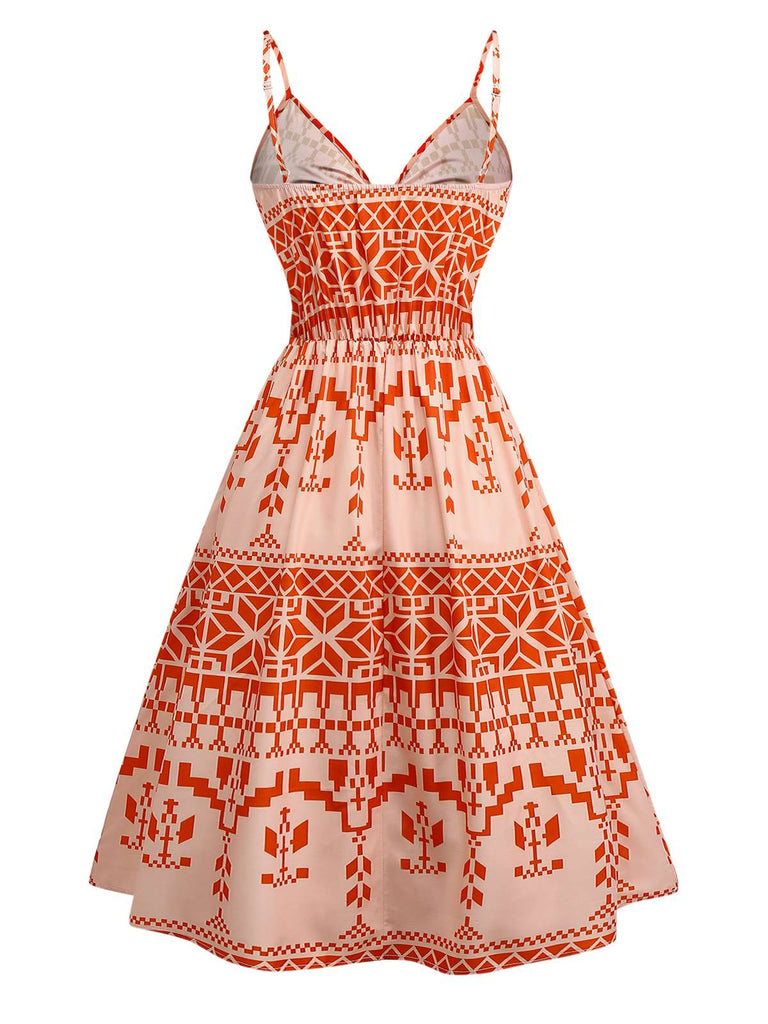 Orange 1940s Floral Print Lace-Up Cut-Out Dress