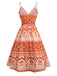 Orange 1940s Floral Print Lace-Up Cut-Out Dress