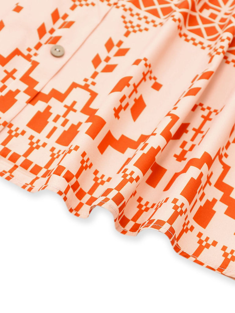 Orange 1940s Floral Print Lace-Up Cut-Out Dress