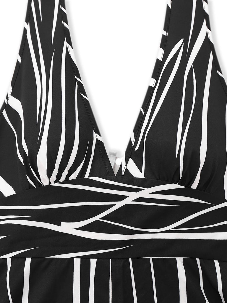 Black & White 1930s Irregular Print Halter Jumpsuit