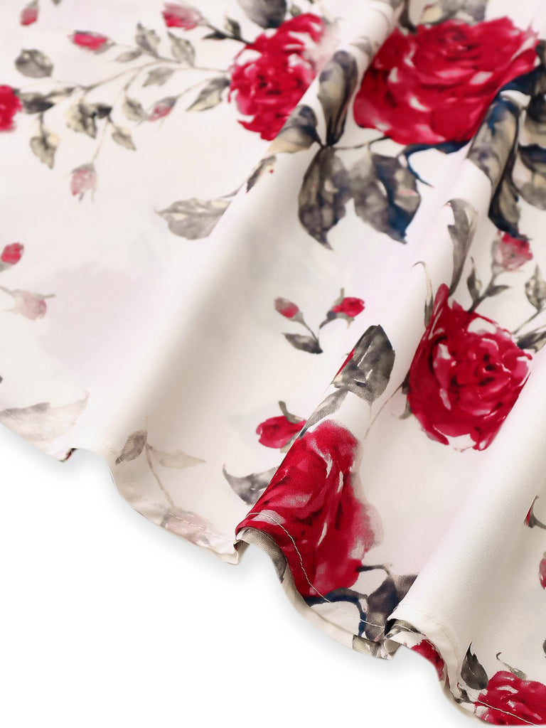 White 1950s Rose Print Lace-Up A-Line Dress