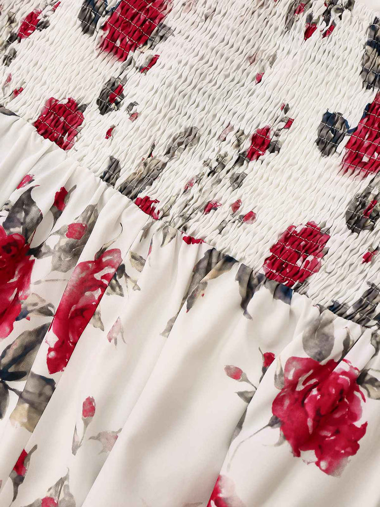 White 1950s Rose Print Lace-Up A-Line Dress