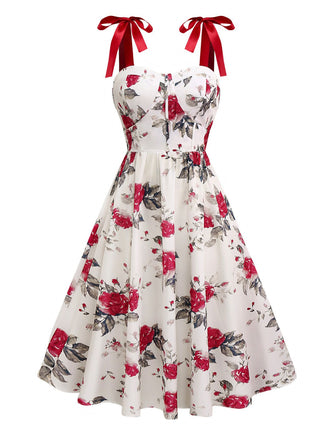 White 1950s Rose Print Lace-Up A-Line Dress