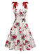 White 1950s Rose Print Lace-Up A-Line Dress