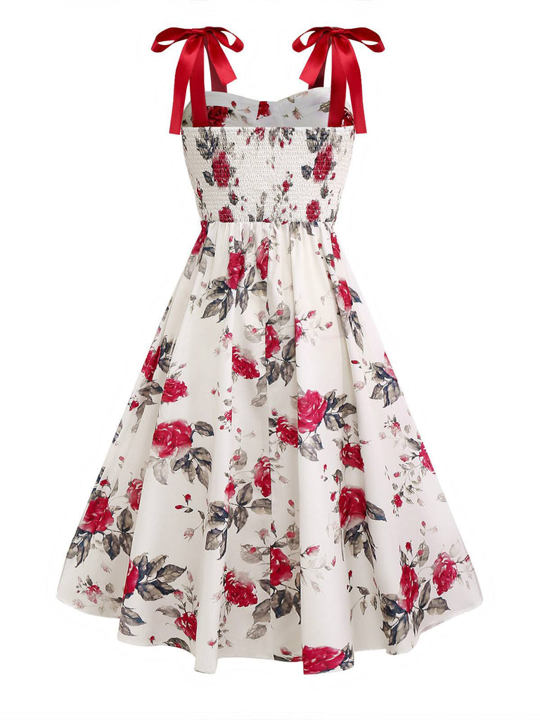 White 1950s Rose Print Lace-Up A-Line Dress