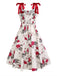 White 1950s Rose Print Lace-Up A-Line Dress