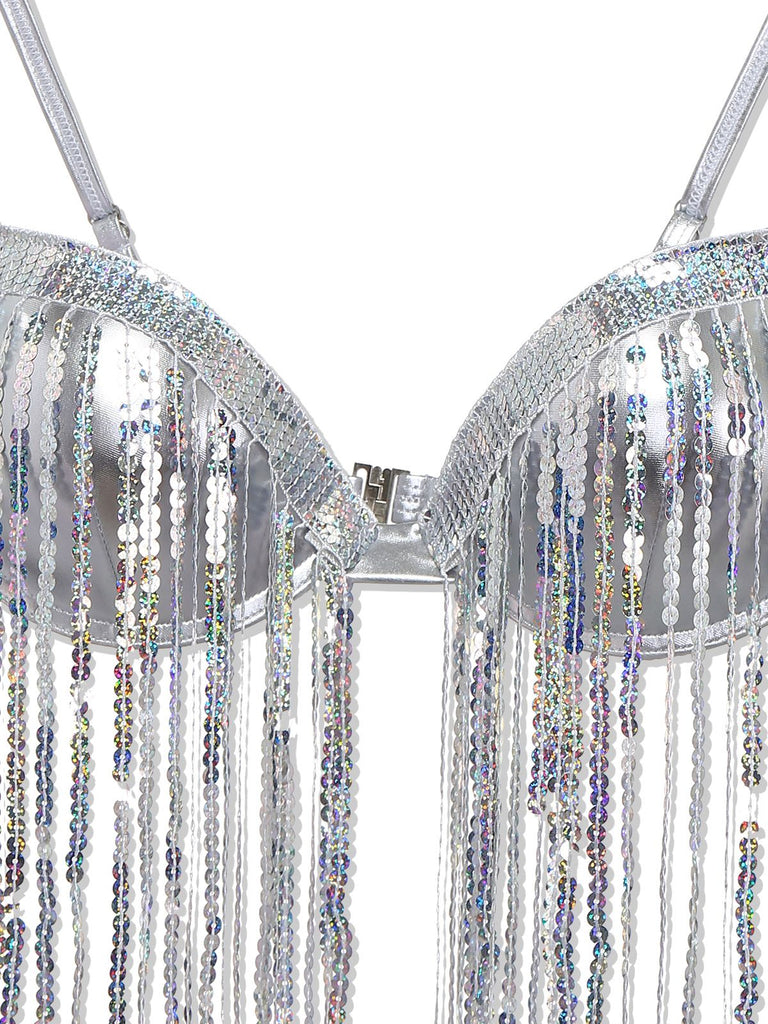 Silver 1970s Holographic Sequin Fringe Bikini Set