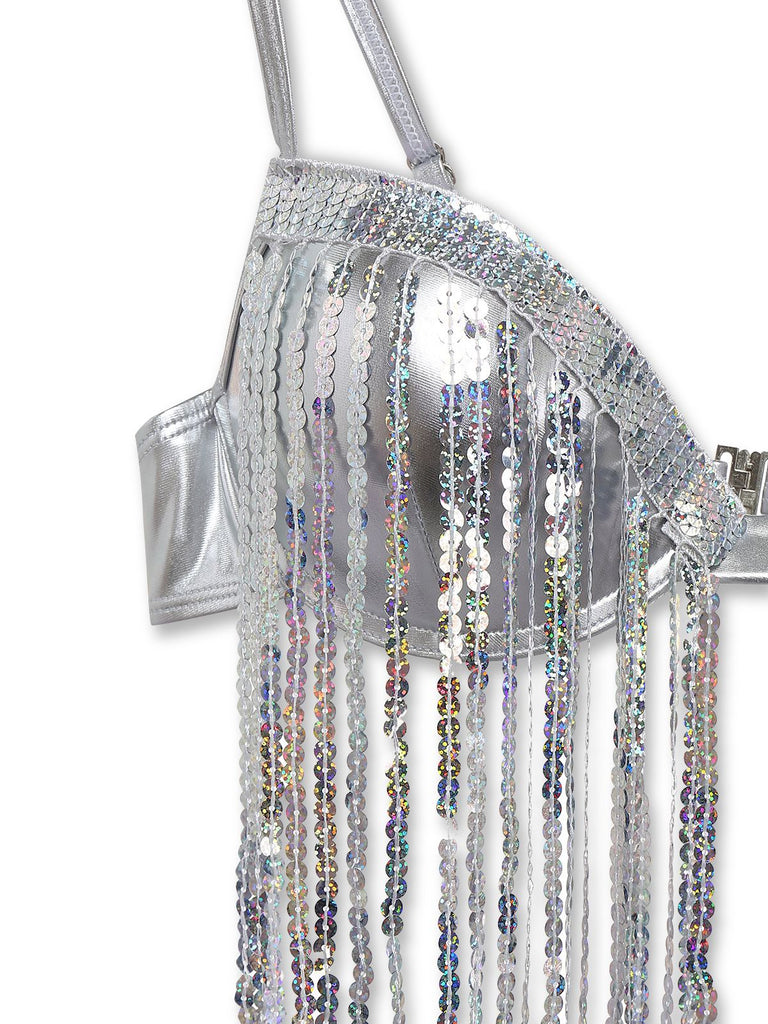 Silver 1970s Holographic Sequin Fringe Bikini Set