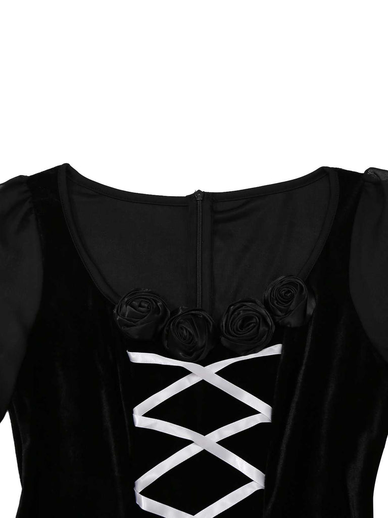 1980s Gothic Cross Velvet 3D Roses Dress With Headband