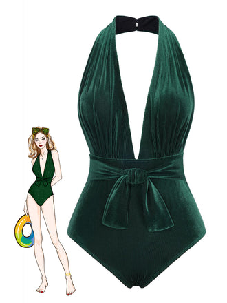 Dark Green 1970s Velvet Deep V-Neck Swimsuit