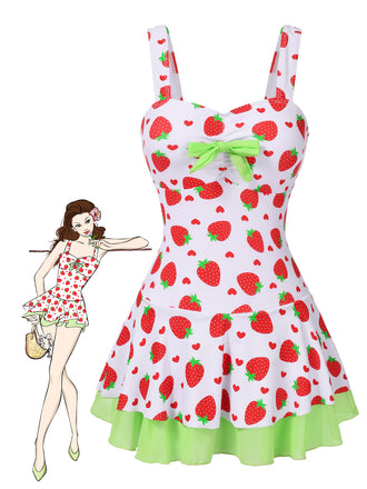 Red & Green 1940s Strawberry Bow Swim Dress