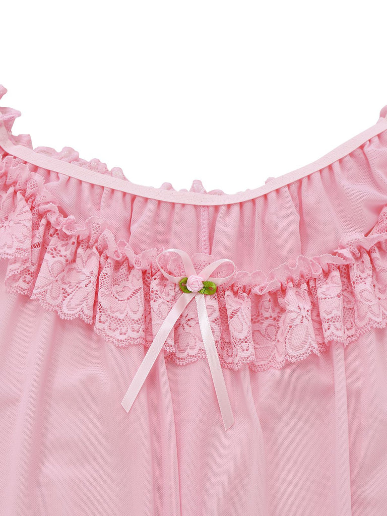 1950s Bow Lace Trim Sheer Mesh Babydoll Nightgown