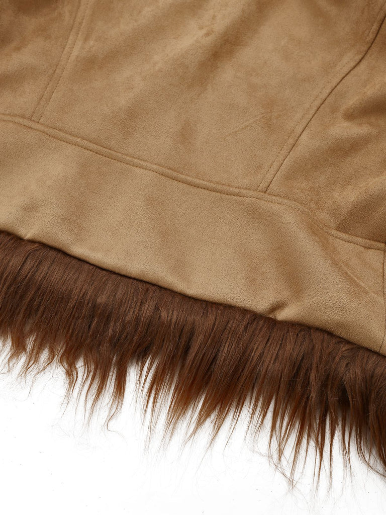 1970s Faux Suede Fur Trim Embroidered Rose Jacket