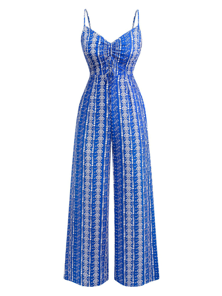 Blue 1970s Boho Style Suspender Jumpsuit