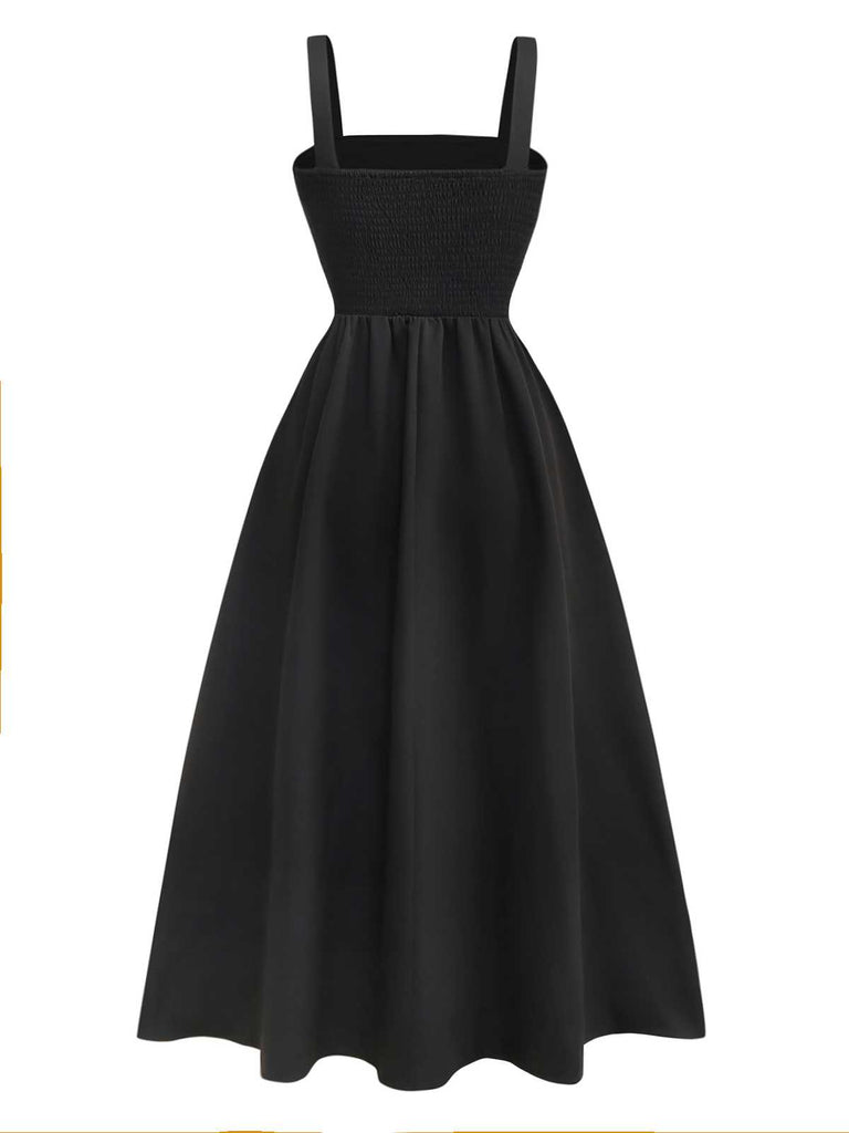 Black 1950s Strap 3D Daisy Solid Dress