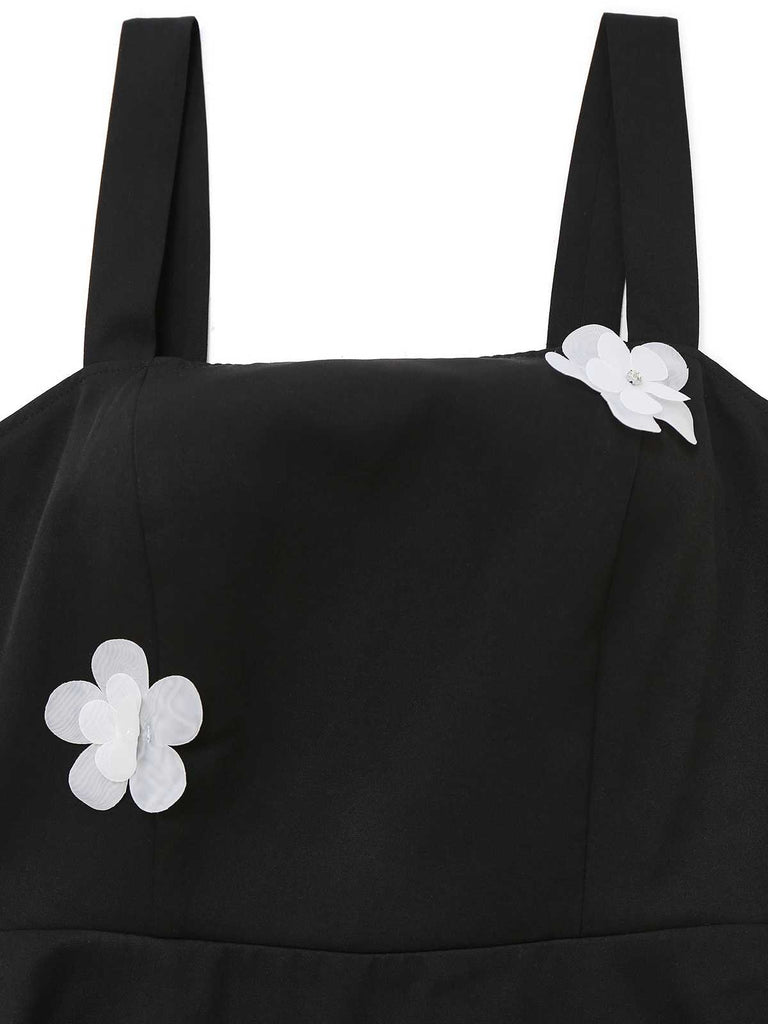 Black 1950s Strap 3D Daisy Solid Dress