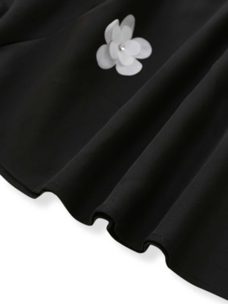 Black 1950s Strap 3D Daisy Solid Dress