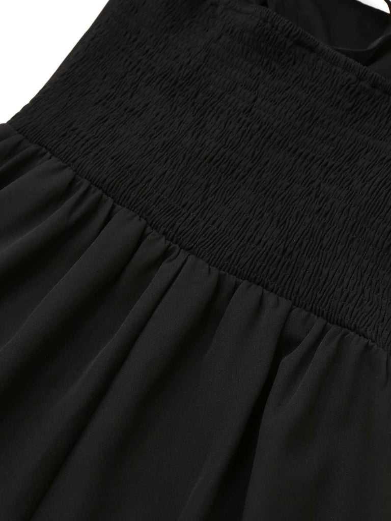 Black 1950s Strap 3D Daisy Solid Dress