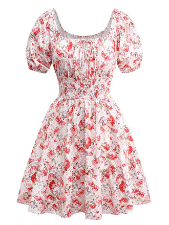 PInk 1950s Floral Puff Sleeve Pleated Dress