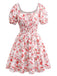 PInk 1950s Floral Puff Sleeve Pleated Dress