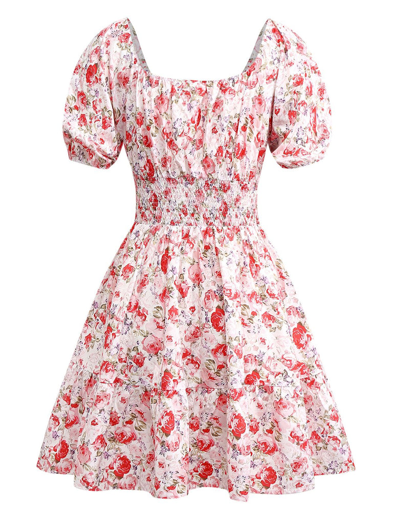 PInk 1950s Floral Puff Sleeve Pleated Dress