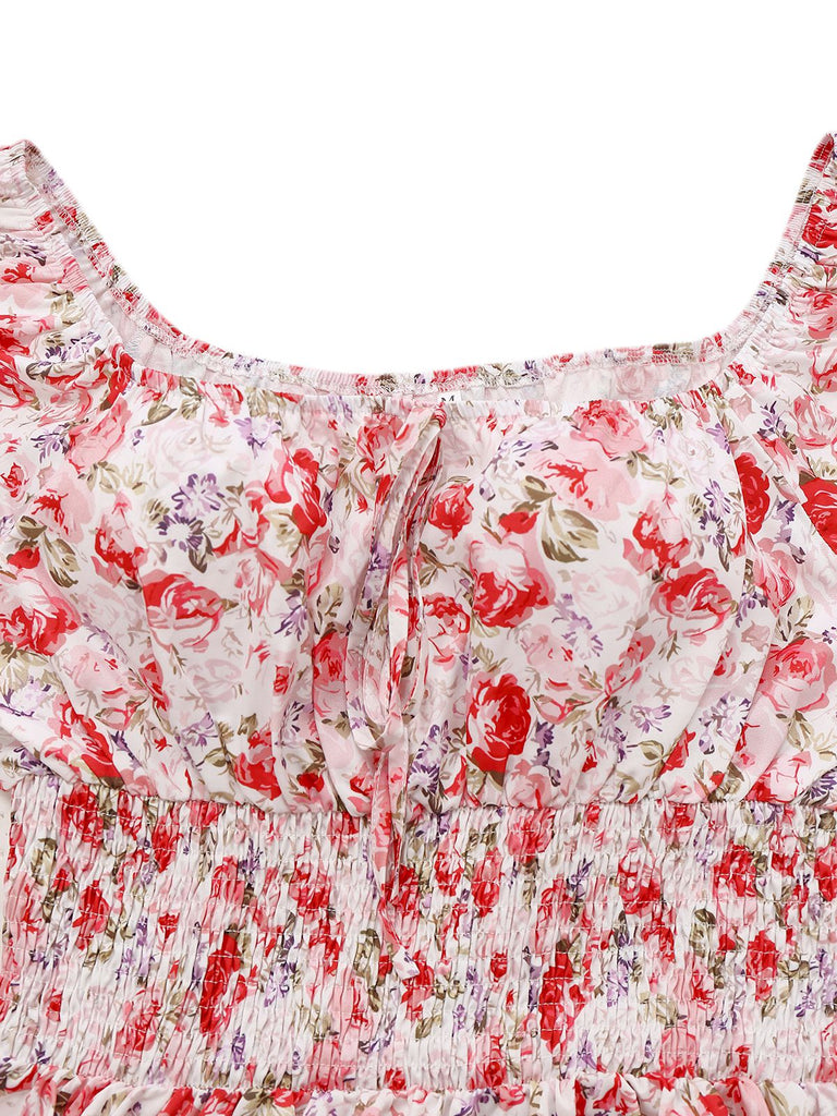 PInk 1950s Floral Puff Sleeve Pleated Dress