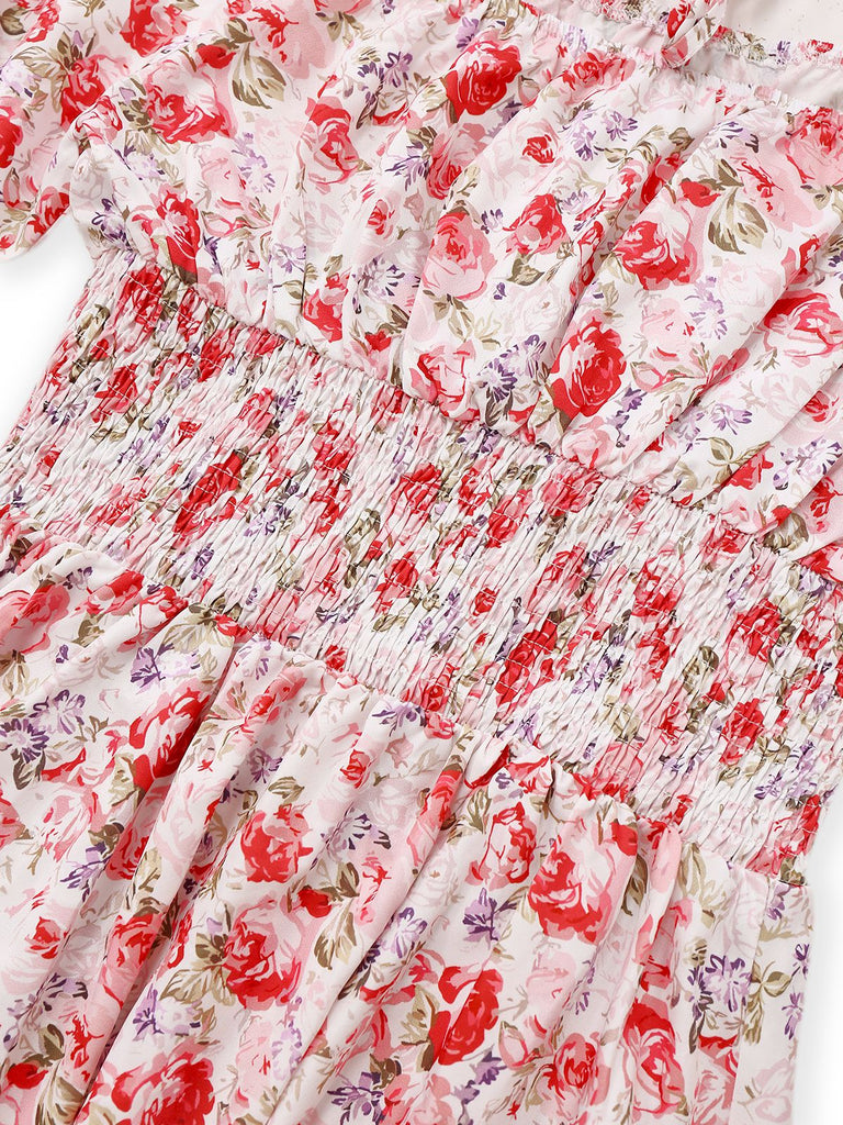 PInk 1950s Floral Puff Sleeve Pleated Dress