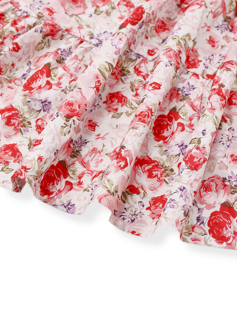 PInk 1950s Floral Puff Sleeve Pleated Dress