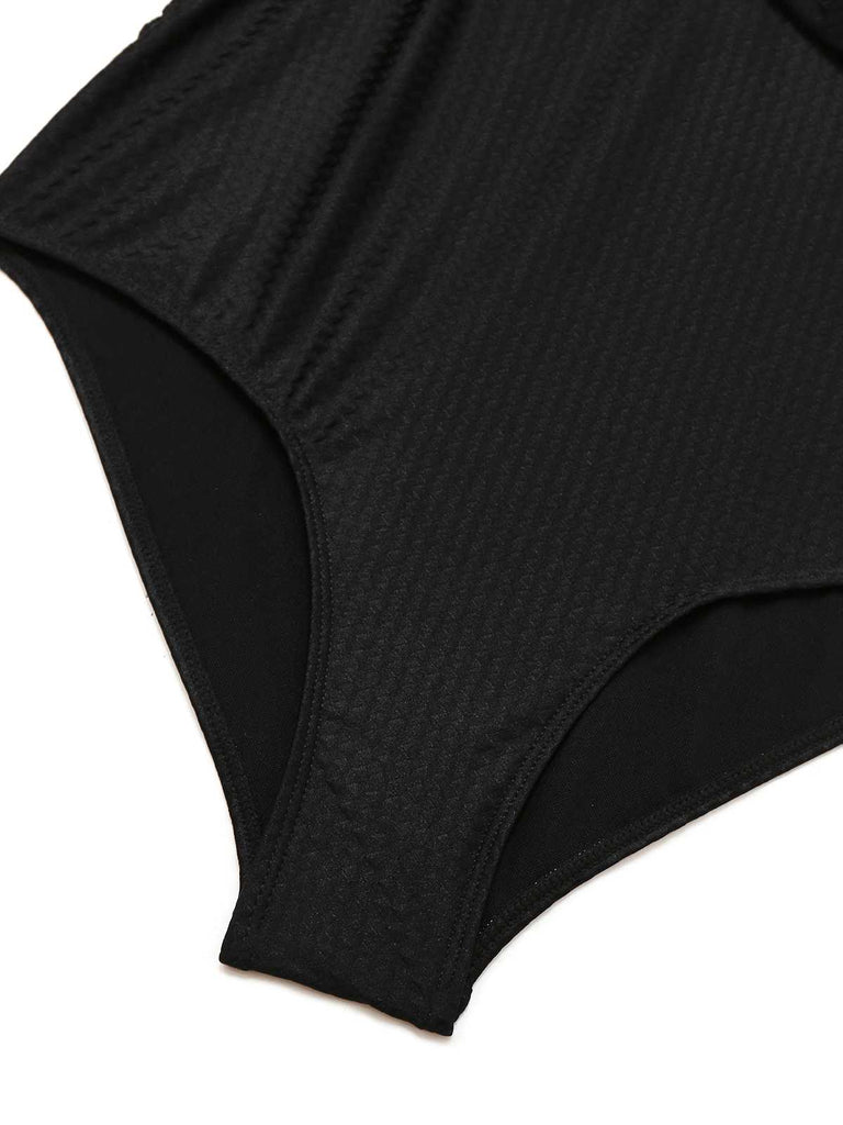 Black 1930s Deep V-Neck Seashell One-Piece Swimsuit