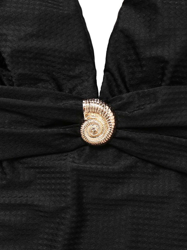 Black 1930s Deep V-Neck Seashell One-Piece Swimsuit